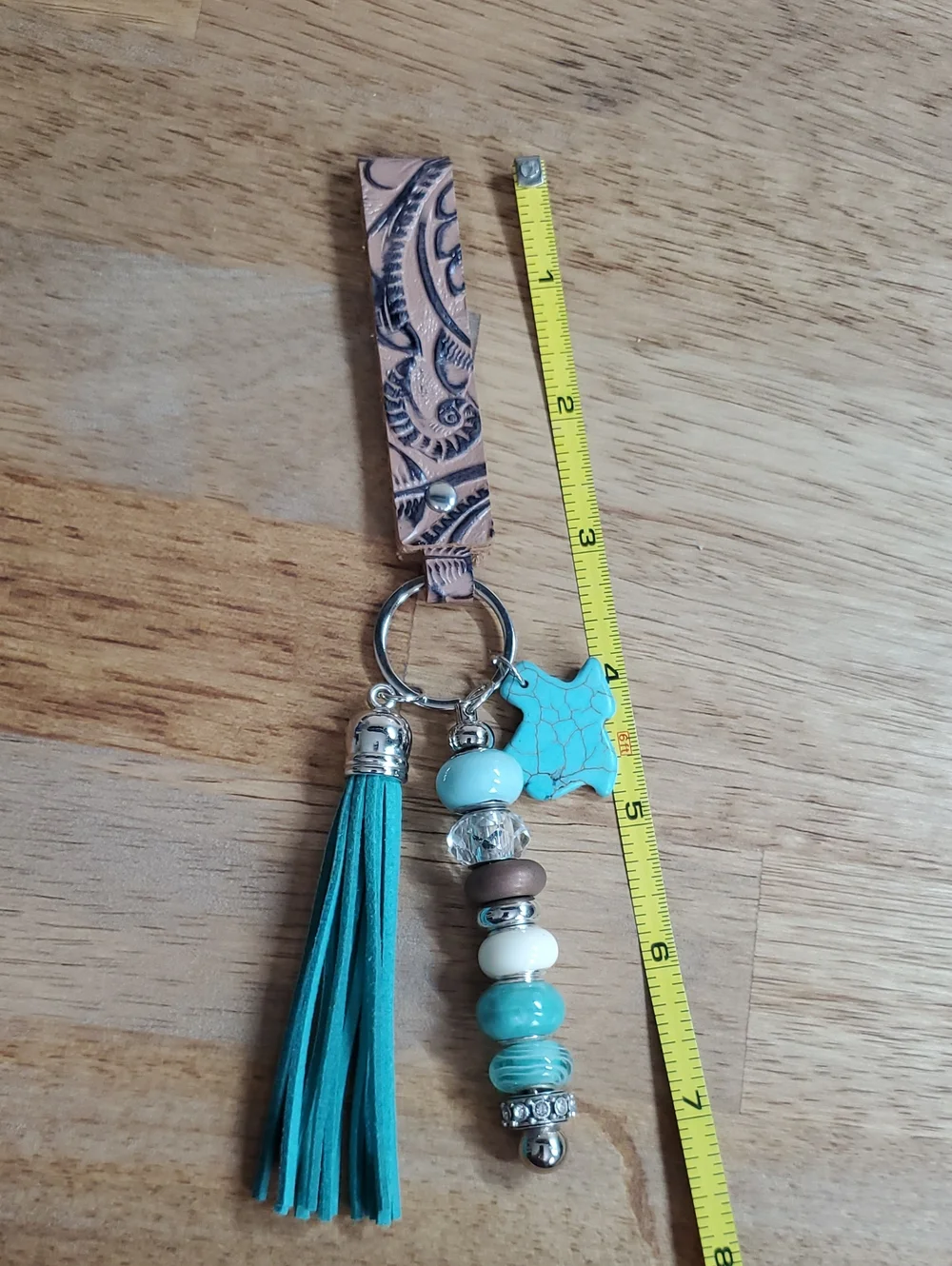 Blue And Green Tassel Beaded Keychain with Charm